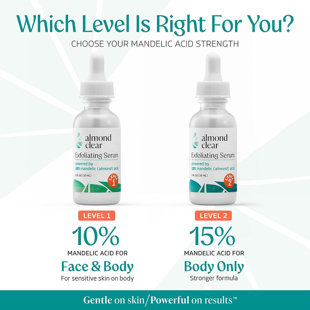 Almond Clear Level 2 Serum | Mandelic Acid Body Serum for Acne, Folliculitis, Aging Skin, Ingrown Hairs, Dark Spots on Face, Chest, Butt, Back, Thighs, Arms | 4 oz