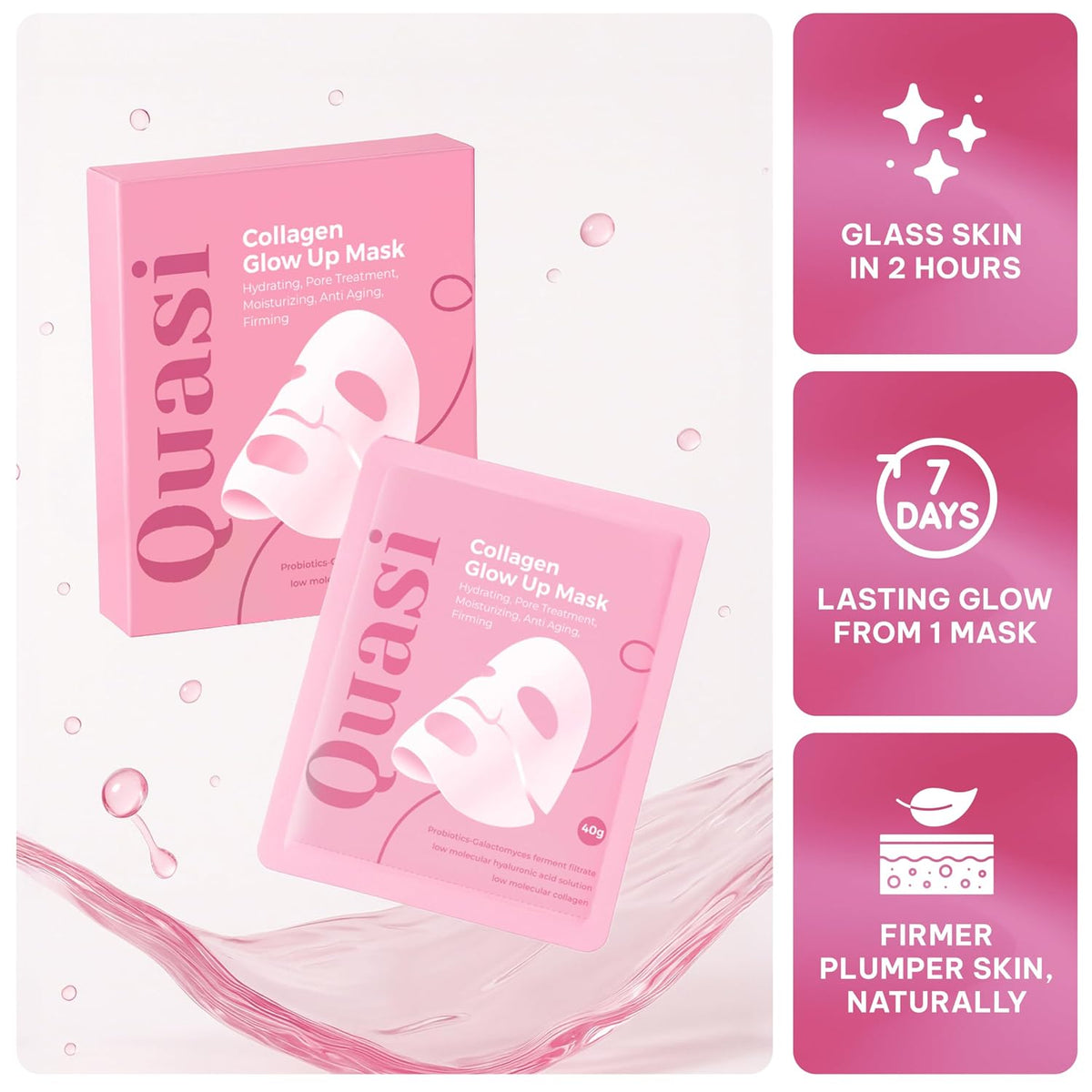 Quasi Bio-Collagen Face Mask Overnight – Hydrating Korean Sheet Mask – Niacinamide & Low Molecular Collagen – Firming & Smoothing Skincare for All Skin Types – 4 Masks
