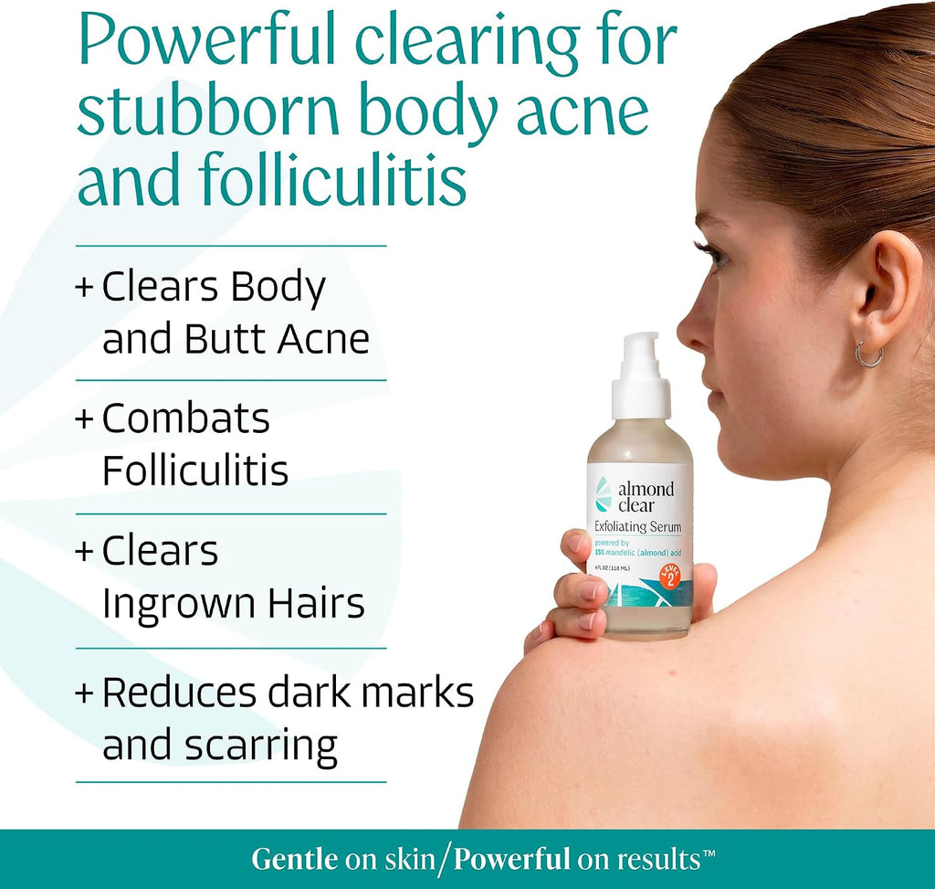 Almond Clear Level 2 Serum | Mandelic Acid Body Serum for Acne, Folliculitis, Aging Skin, Ingrown Hairs, Dark Spots on Face, Chest, Butt, Back, Thighs, Arms | 4 oz